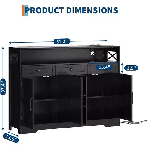 Grand buffet de 129,5 cm avec rangement et station de charge, buffet moderne de style ferme pour bar à café, avec 3 tiroirs et portes