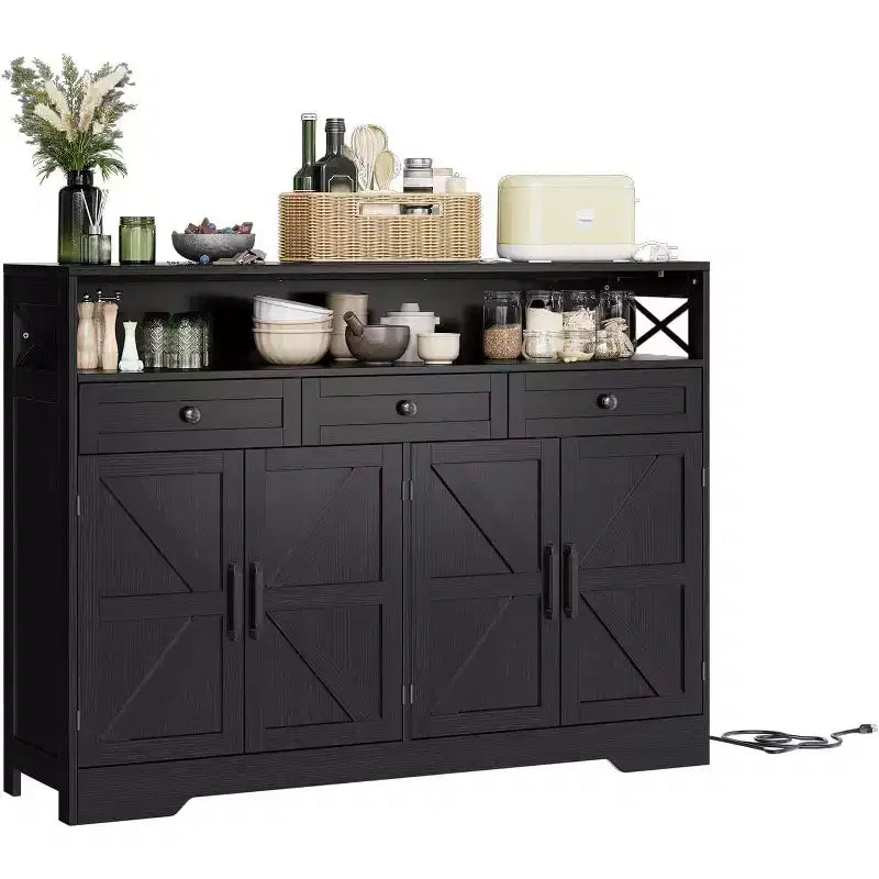 51-Inch Large Buffet Cabinet with Storage and Charging Station, Modern Farmhouse Coffee Bar Sideboard, Featuring 3 Drawers and Doors