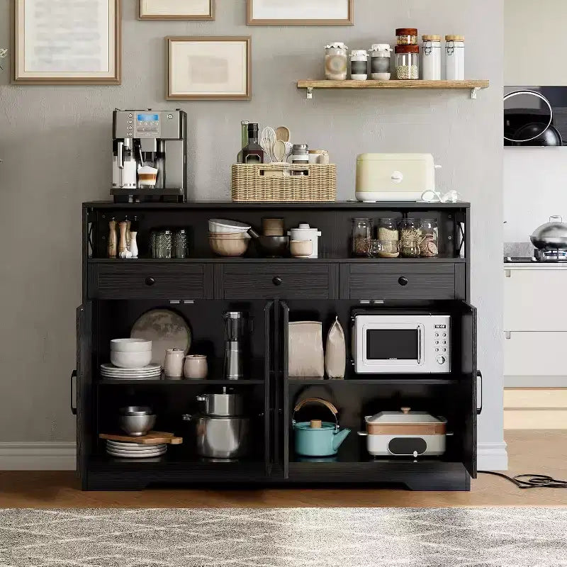 51-Inch Large Buffet Cabinet with Storage and Charging Station, Modern Farmhouse Coffee Bar Sideboard, Featuring 3 Drawers and Doors