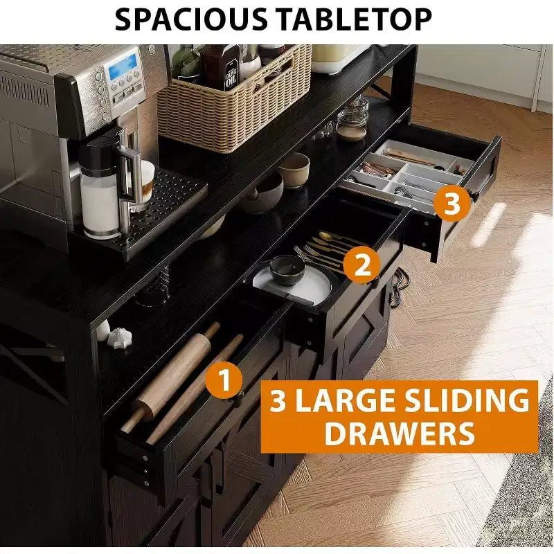 51-Inch Large Buffet Cabinet with Storage and Charging Station, Modern Farmhouse Coffee Bar Sideboard, Featuring 3 Drawers and Doors