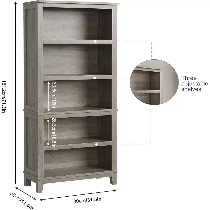 71 Farmhouse Bookcase 5-Tier Adjustable Shelf, 31. 5 Wide with Wooden Legs, Rustic Vintage Style for Living Room Office