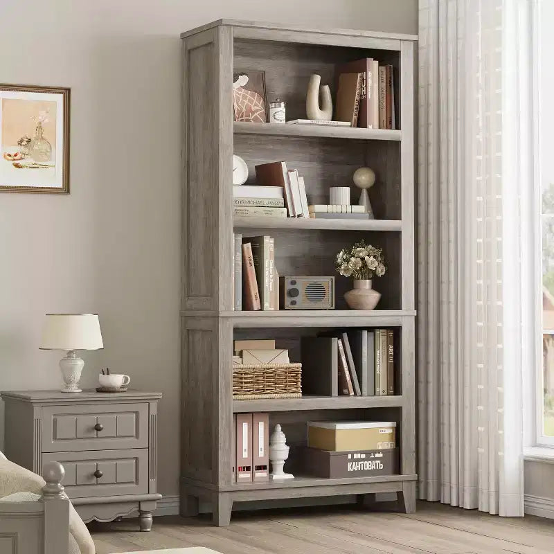 71 Farmhouse Bookcase 5-Tier Adjustable Shelf, 31. 5 Wide with Wooden Legs, Rustic Vintage Style for Living Room Office