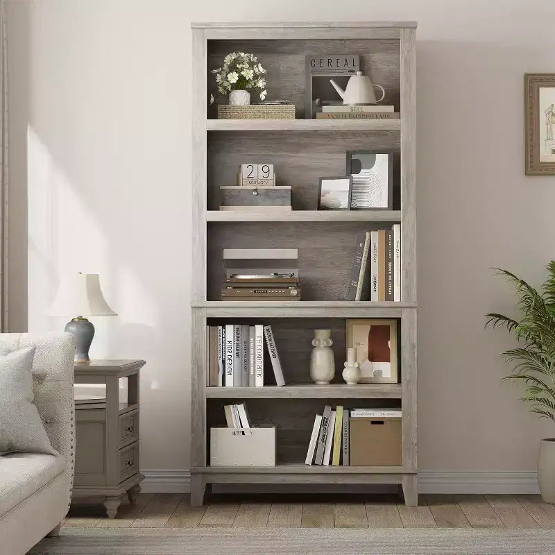 71 Farmhouse Bookcase 5-Tier Adjustable Shelf, 31. 5 Wide with Wooden Legs, Rustic Vintage Style for Living Room Office