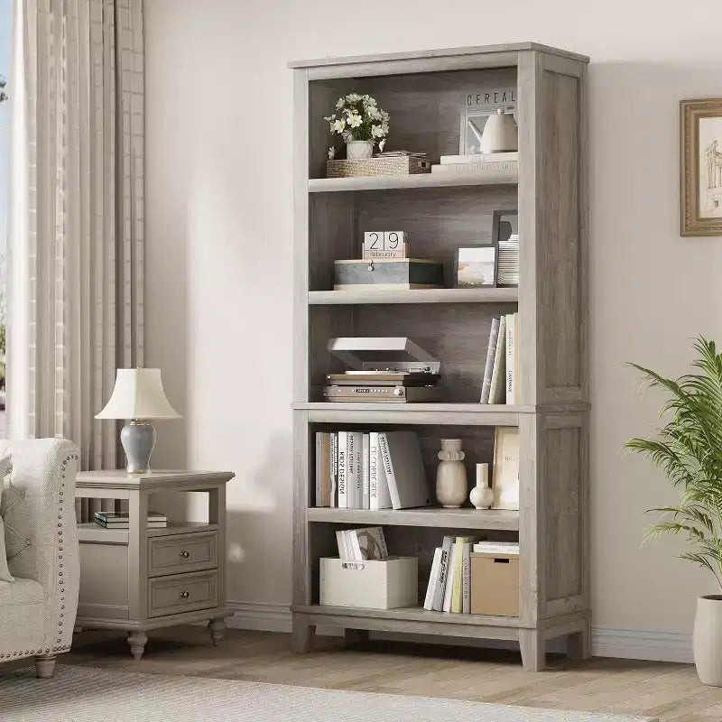 71 Farmhouse Bookcase 5-Tier Adjustable Shelf, 31. 5 Wide with Wooden Legs, Rustic Vintage Style for Living Room Office