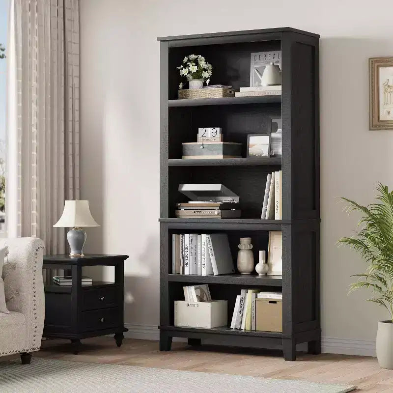 71 Farmhouse Bookcase 5-Tier Adjustable Shelf, 31. 5 Wide with Wooden Legs, Rustic Vintage Style for Living Room Office
