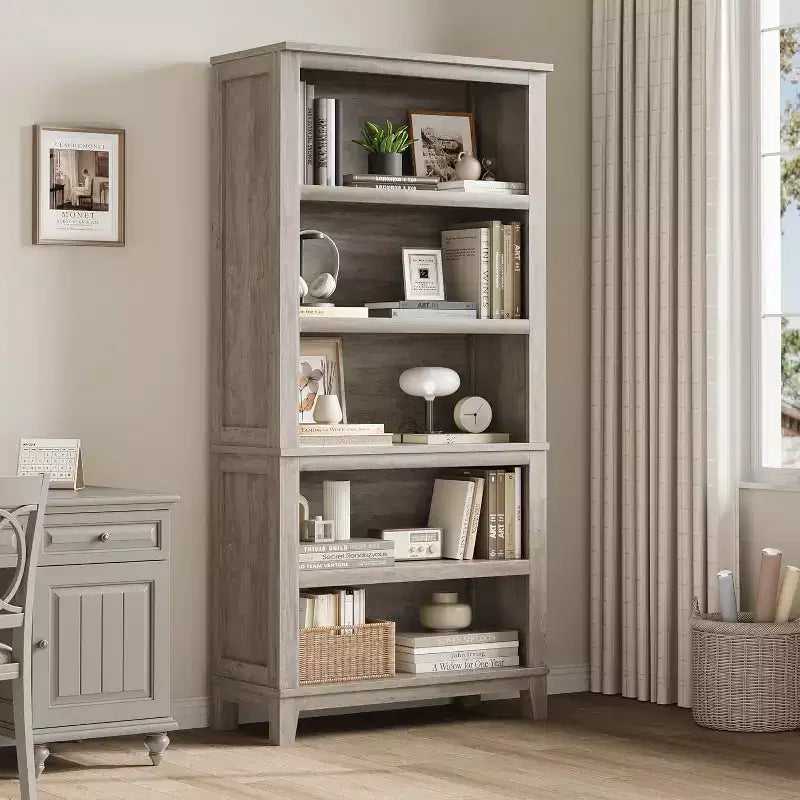 71 Farmhouse Bookcase 5-Tier Adjustable Shelf, 31. 5 Wide with Wooden Legs, Rustic Vintage Style for Living Room Office