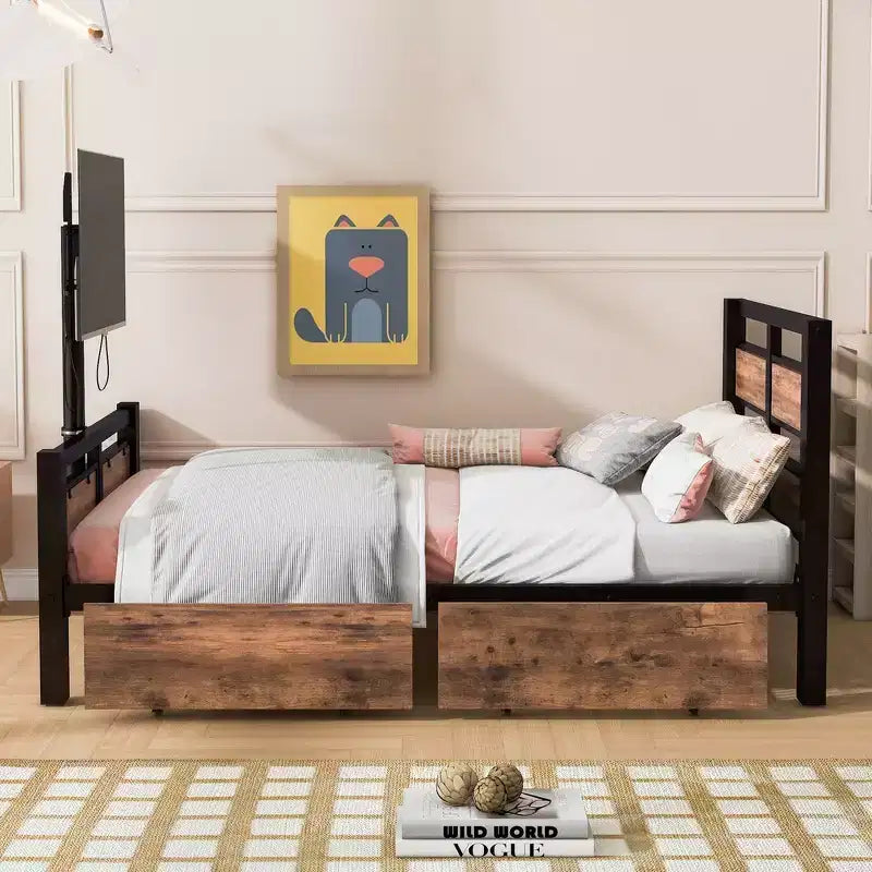 Metal Twin Size Platform Bed with Headboard, Footboard, Two Drawers and TV Stand Black