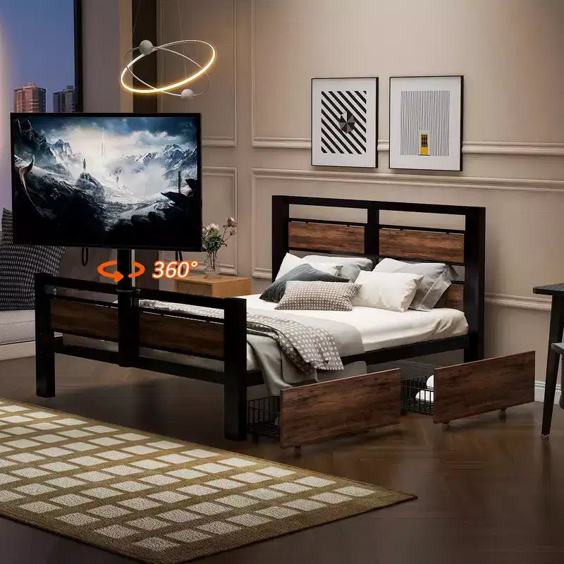 Metal Twin Size Platform Bed with Headboard, Footboard, Two Drawers and TV Stand Black