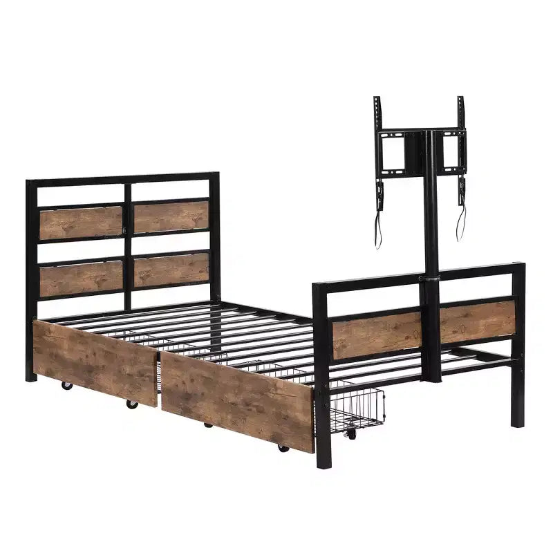Metal Twin Size Platform Bed with Headboard, Footboard, Two Drawers and TV Stand Black