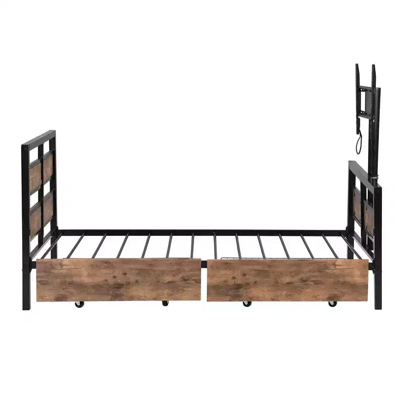 Metal Twin Size Platform Bed with Headboard, Footboard, Two Drawers and TV Stand Black