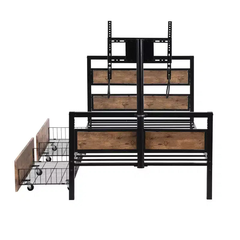 Metal Twin Size Platform Bed with Headboard, Footboard, Two Drawers and TV Stand Black
