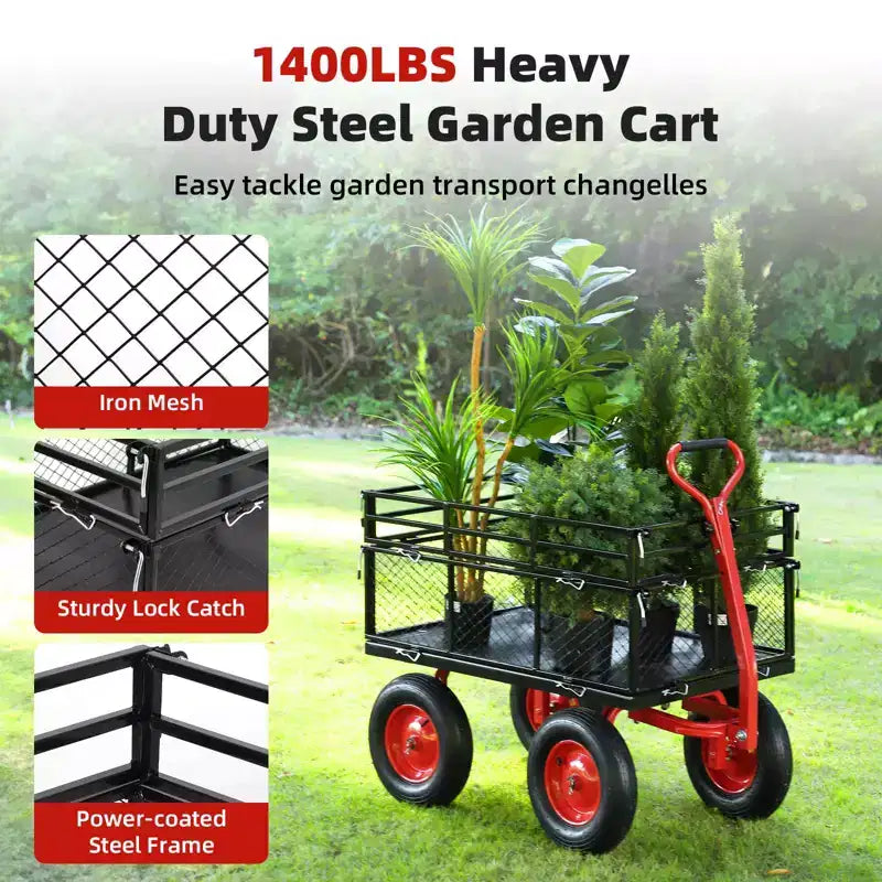 Steel Garden Cart, Heavy Duty Metal Yard Utility Wagon with Removable Mesh Sides, 2-in-1 180Rotating Handle and 16 inch Wheels, Steel Utility