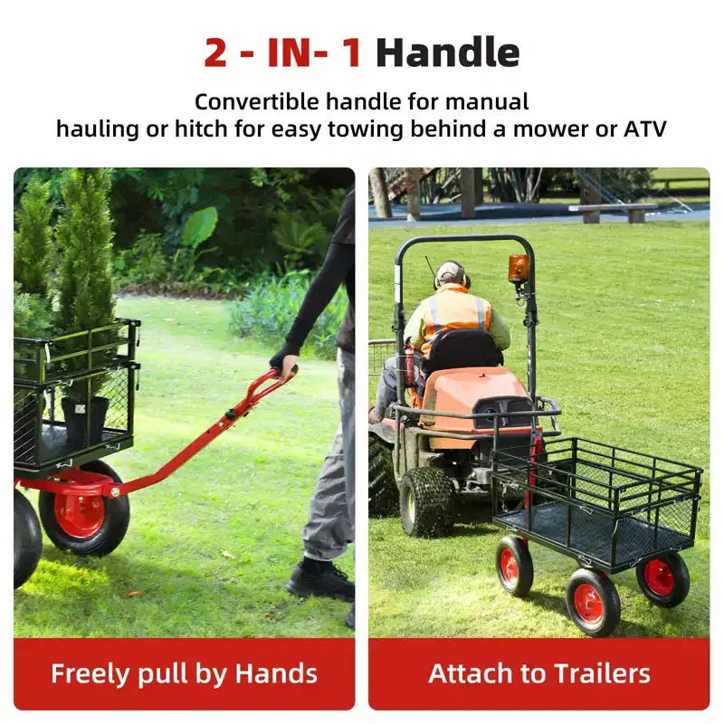 Steel Garden Cart, Heavy Duty Metal Yard Utility Wagon with Removable Mesh Sides, 2-in-1 180Rotating Handle and 16 inch Wheels, Steel Utility