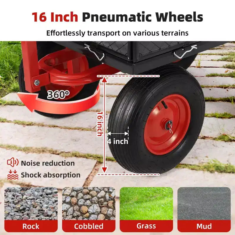 Steel Garden Cart, Heavy Duty Metal Yard Utility Wagon with Removable Mesh Sides, 2-in-1 180Rotating Handle and 16 inch Wheels, Steel Utility