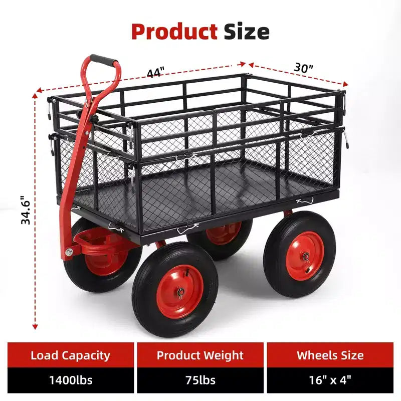 Steel Garden Cart, Heavy Duty Metal Yard Utility Wagon with Removable Mesh Sides, 2-in-1 180Rotating Handle and 16 inch Wheels, Steel Utility