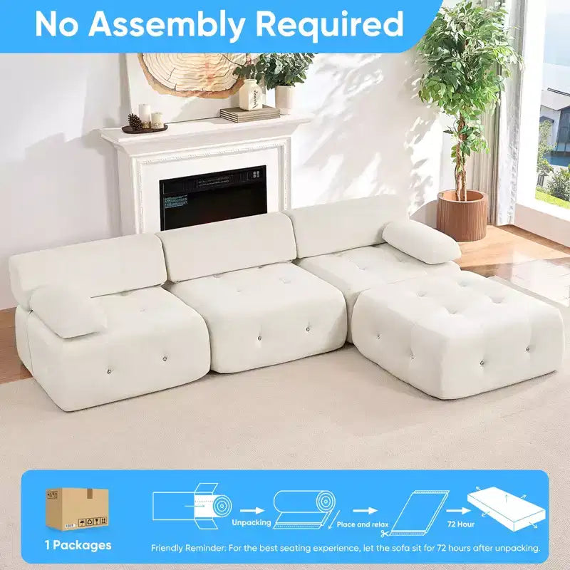 L-Shaped Velvet 3-Seater Modular Sectional Sofa With Ottoman, Convertible Sofa Couches with Rivet Trim