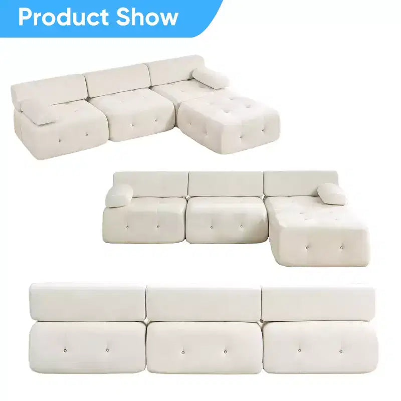 L-Shaped Velvet 3-Seater Modular Sectional Sofa With Ottoman, Convertible Sofa Couches with Rivet Trim