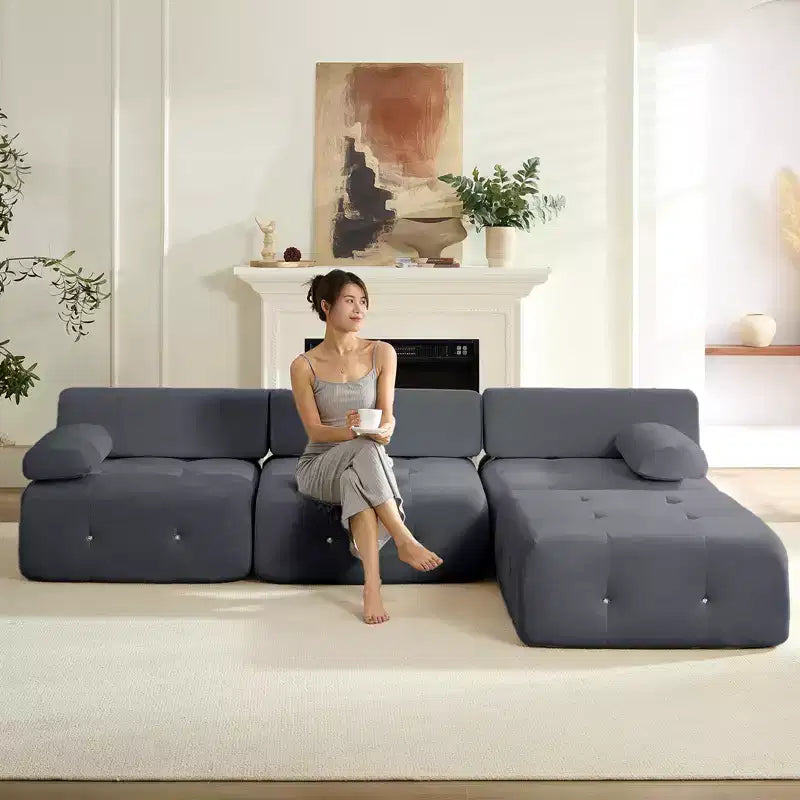 L-Shaped Velvet 3-Seater Modular Sectional Sofa With Ottoman, Convertible Sofa Couches with Rivet Trim