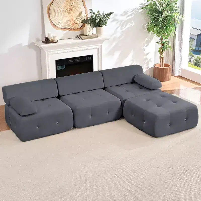 L-Shaped Velvet 3-Seater Modular Sectional Sofa With Ottoman, Convertible Sofa Couches with Rivet Trim