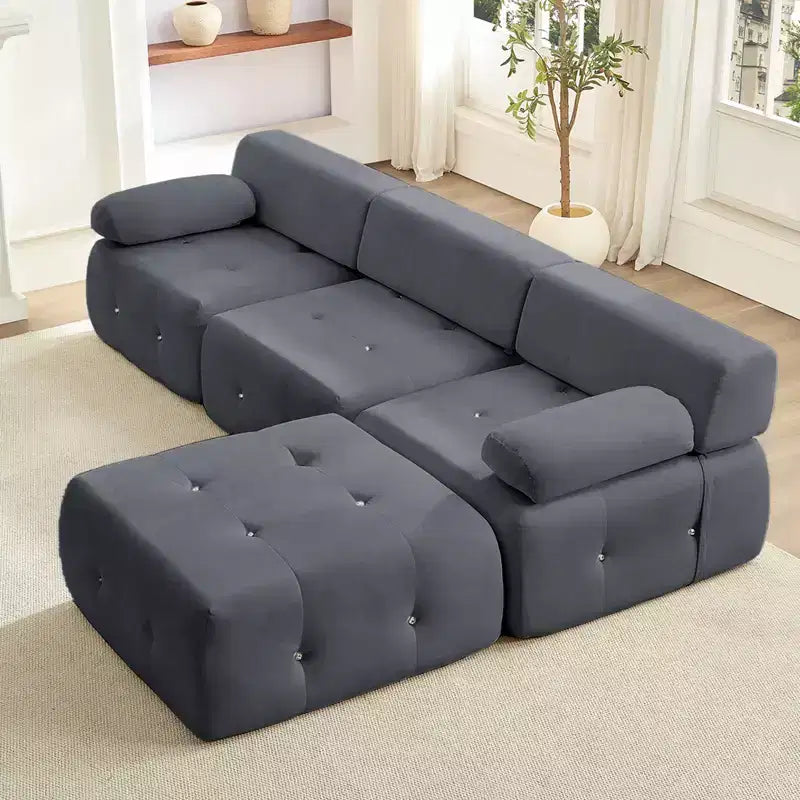 L-Shaped Velvet 3-Seater Modular Sectional Sofa With Ottoman, Convertible Sofa Couches with Rivet Trim