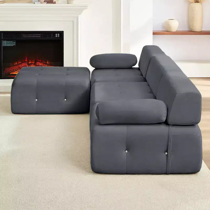 L-Shaped Velvet 3-Seater Modular Sectional Sofa With Ottoman, Convertible Sofa Couches with Rivet Trim