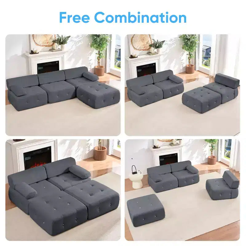 L-Shaped Velvet 3-Seater Modular Sectional Sofa With Ottoman, Convertible Sofa Couches with Rivet Trim