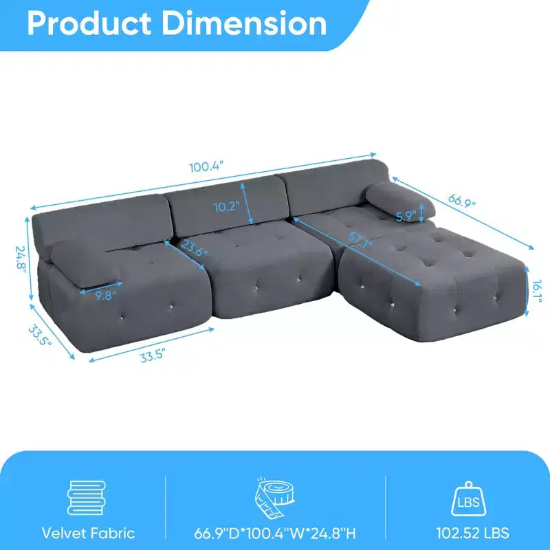 L-Shaped Velvet 3-Seater Modular Sectional Sofa With Ottoman, Convertible Sofa Couches with Rivet Trim