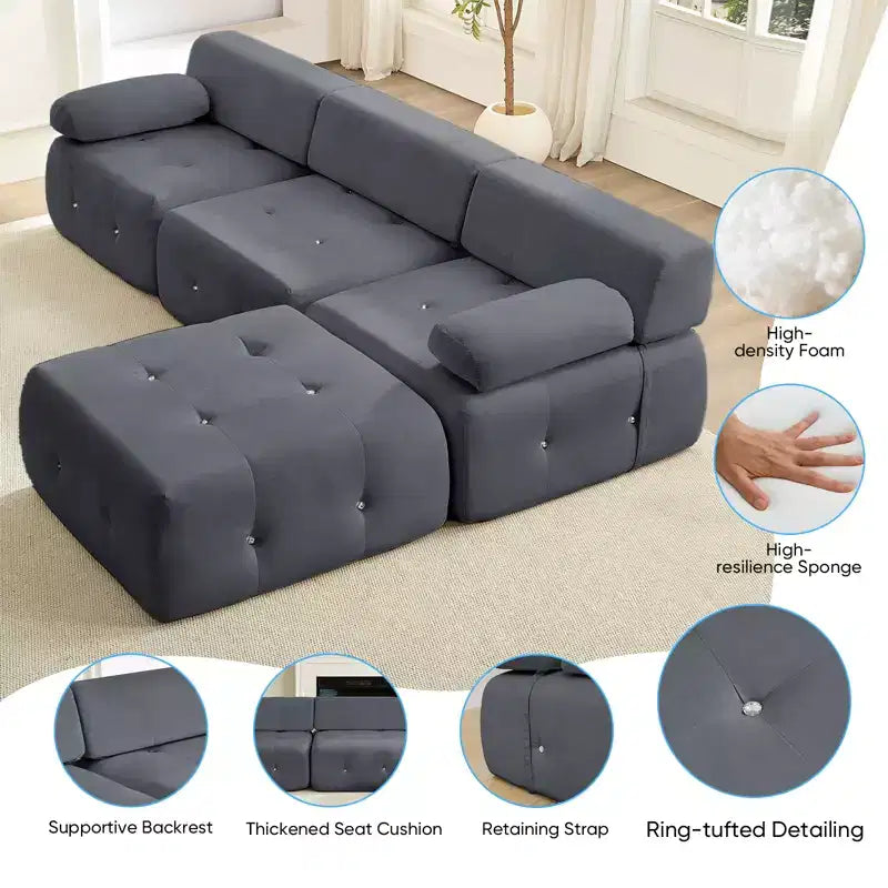L-Shaped Velvet 3-Seater Modular Sectional Sofa With Ottoman, Convertible Sofa Couches with Rivet Trim