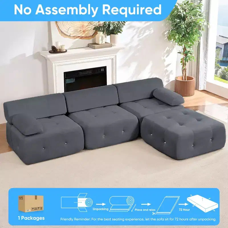 L-Shaped Velvet 3-Seater Modular Sectional Sofa With Ottoman, Convertible Sofa Couches with Rivet Trim