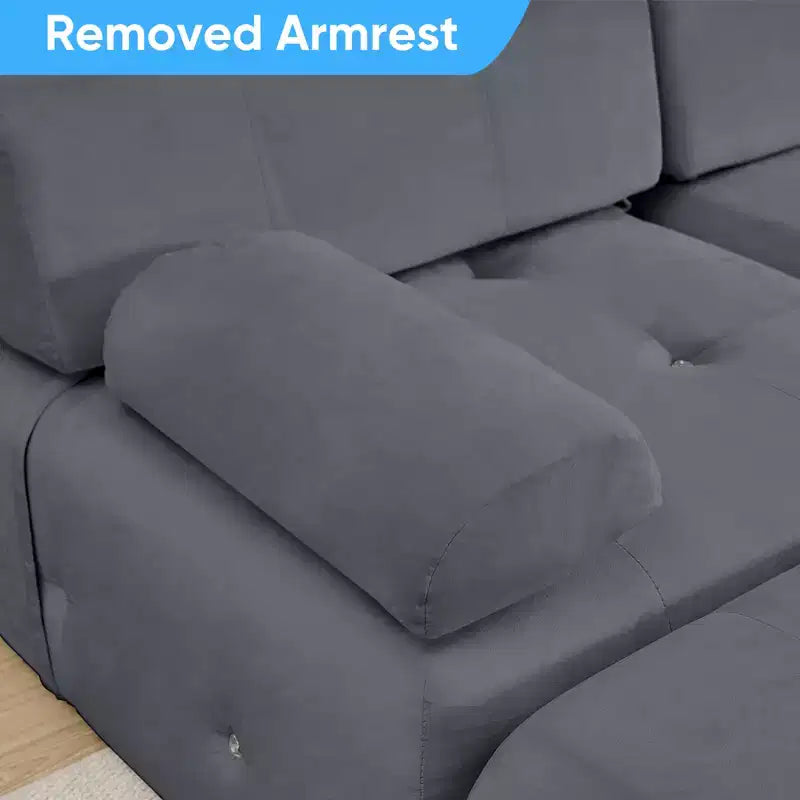 L-Shaped Velvet 3-Seater Modular Sectional Sofa With Ottoman, Convertible Sofa Couches with Rivet Trim