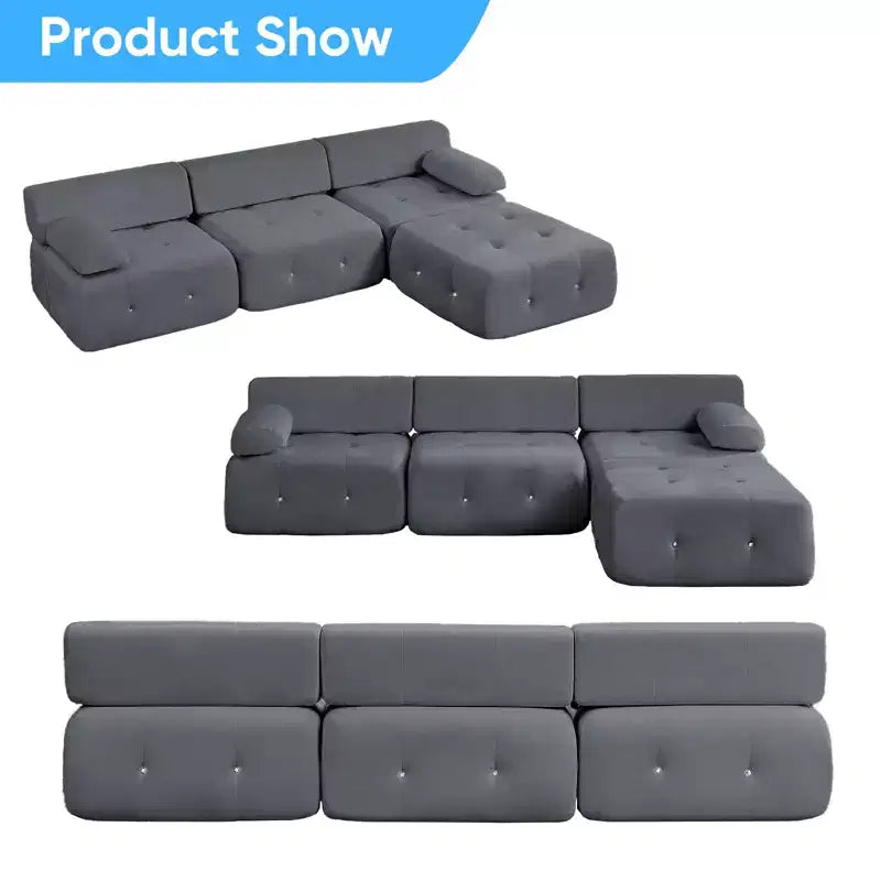 L-Shaped Velvet 3-Seater Modular Sectional Sofa With Ottoman, Convertible Sofa Couches with Rivet Trim