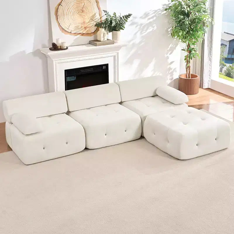 L-Shaped Velvet 3-Seater Modular Sectional Sofa With Ottoman, Convertible Sofa Couches with Rivet Trim
