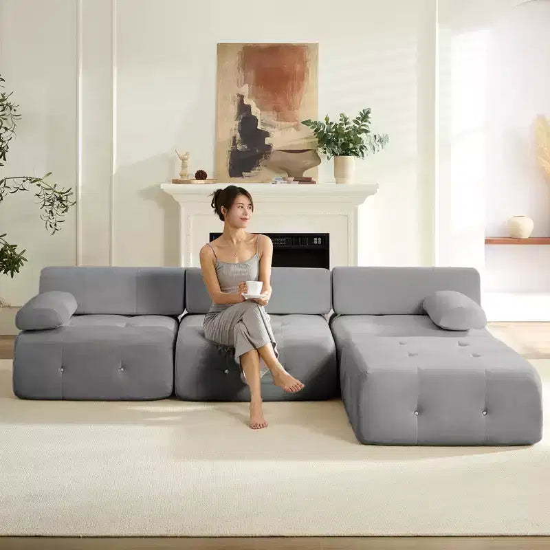 L-Shaped Velvet 3-Seater Modular Sectional Sofa With Ottoman, Convertible Sofa Couches with Rivet Trim