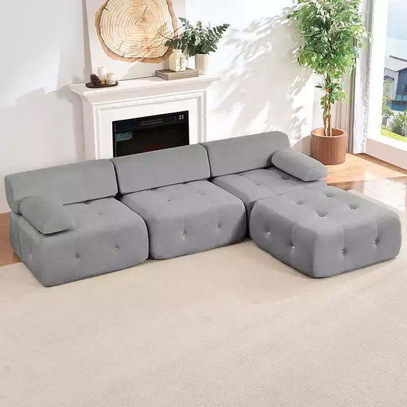 L-Shaped Velvet 3-Seater Modular Sectional Sofa With Ottoman, Convertible Sofa Couches with Rivet Trim