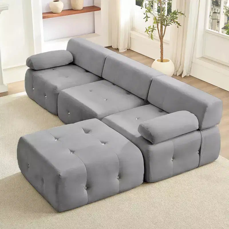 L-Shaped Velvet 3-Seater Modular Sectional Sofa With Ottoman, Convertible Sofa Couches with Rivet Trim