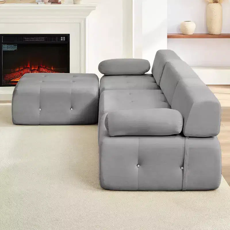 L-Shaped Velvet 3-Seater Modular Sectional Sofa With Ottoman, Convertible Sofa Couches with Rivet Trim