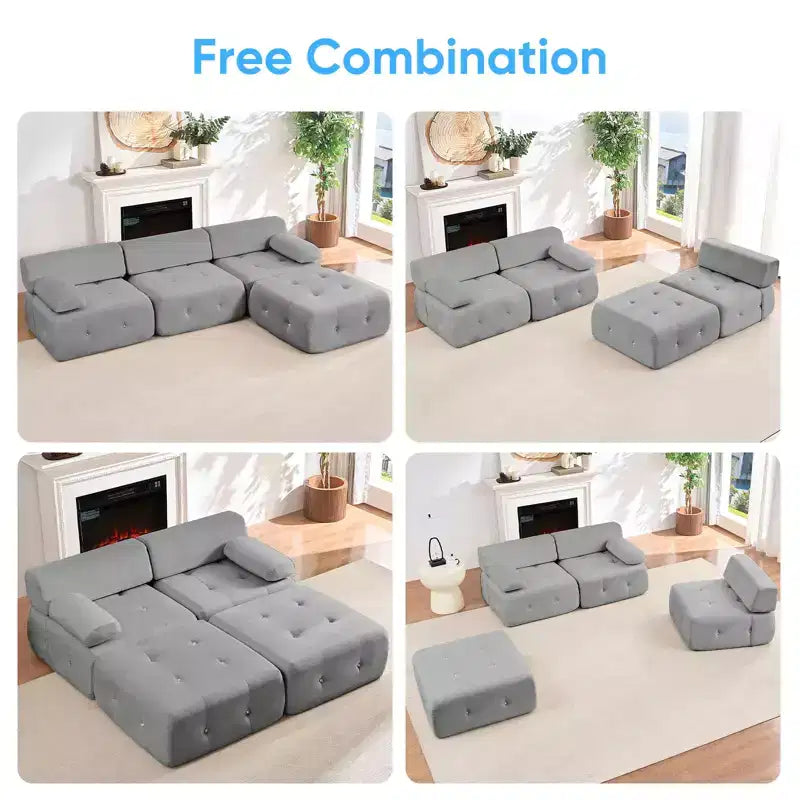 L-Shaped Velvet 3-Seater Modular Sectional Sofa With Ottoman, Convertible Sofa Couches with Rivet Trim