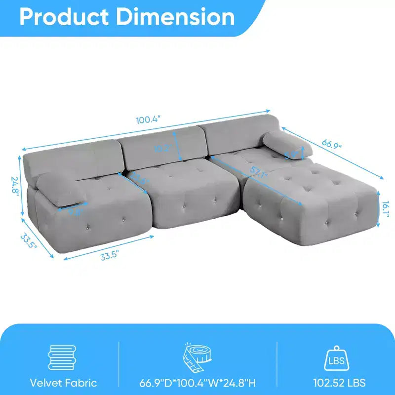 L-Shaped Velvet 3-Seater Modular Sectional Sofa With Ottoman, Convertible Sofa Couches with Rivet Trim