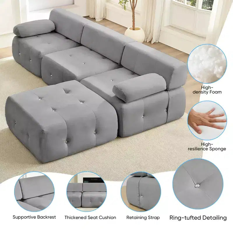 L-Shaped Velvet 3-Seater Modular Sectional Sofa With Ottoman, Convertible Sofa Couches with Rivet Trim