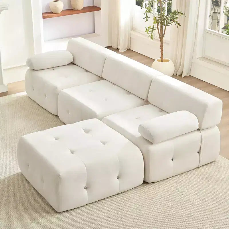 L-Shaped Velvet 3-Seater Modular Sectional Sofa With Ottoman, Convertible Sofa Couches with Rivet Trim