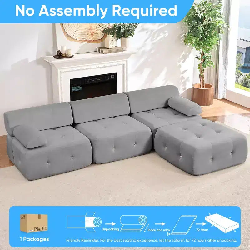 L-Shaped Velvet 3-Seater Modular Sectional Sofa With Ottoman, Convertible Sofa Couches with Rivet Trim