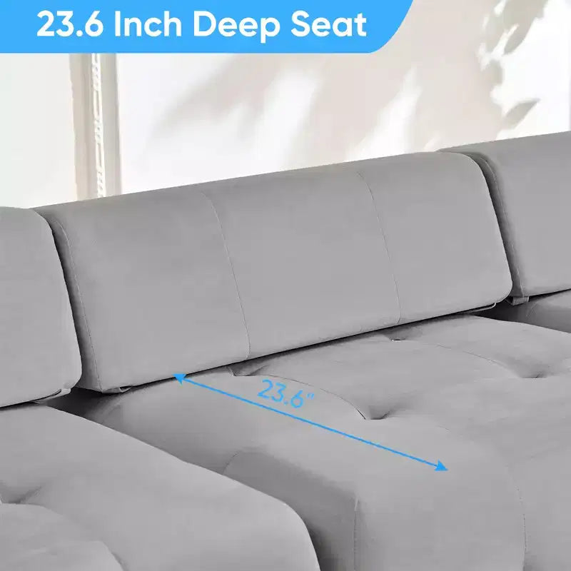 L-Shaped Velvet 3-Seater Modular Sectional Sofa With Ottoman, Convertible Sofa Couches with Rivet Trim