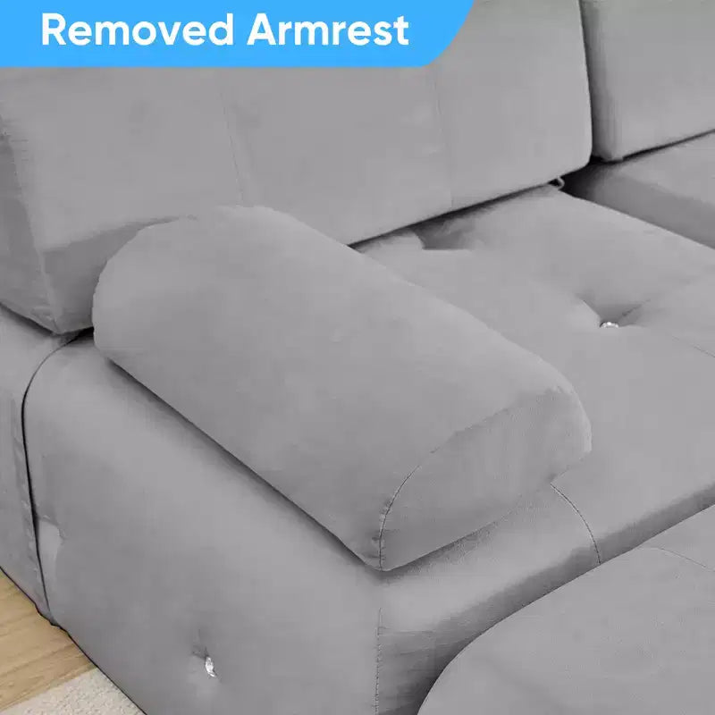 L-Shaped Velvet 3-Seater Modular Sectional Sofa With Ottoman, Convertible Sofa Couches with Rivet Trim