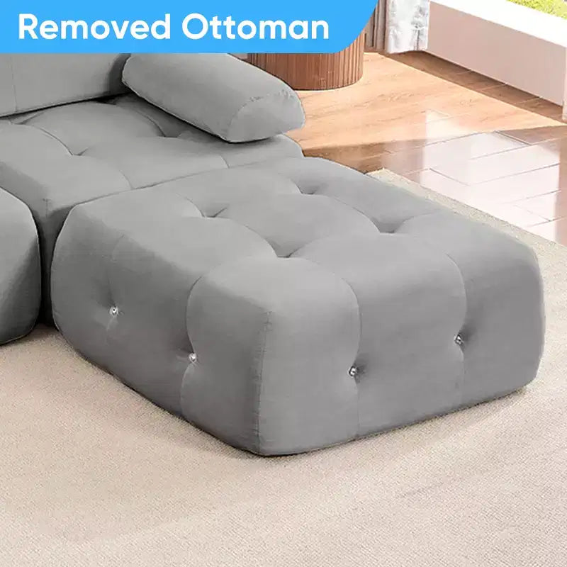 L-Shaped Velvet 3-Seater Modular Sectional Sofa With Ottoman, Convertible Sofa Couches with Rivet Trim