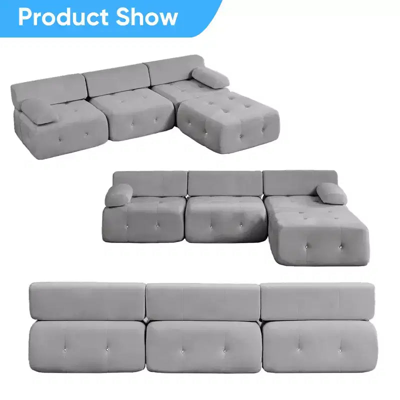 L-Shaped Velvet 3-Seater Modular Sectional Sofa With Ottoman, Convertible Sofa Couches with Rivet Trim