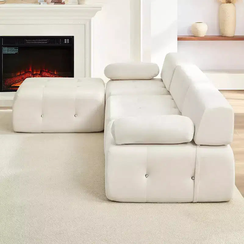 L-Shaped Velvet 3-Seater Modular Sectional Sofa With Ottoman, Convertible Sofa Couches with Rivet Trim