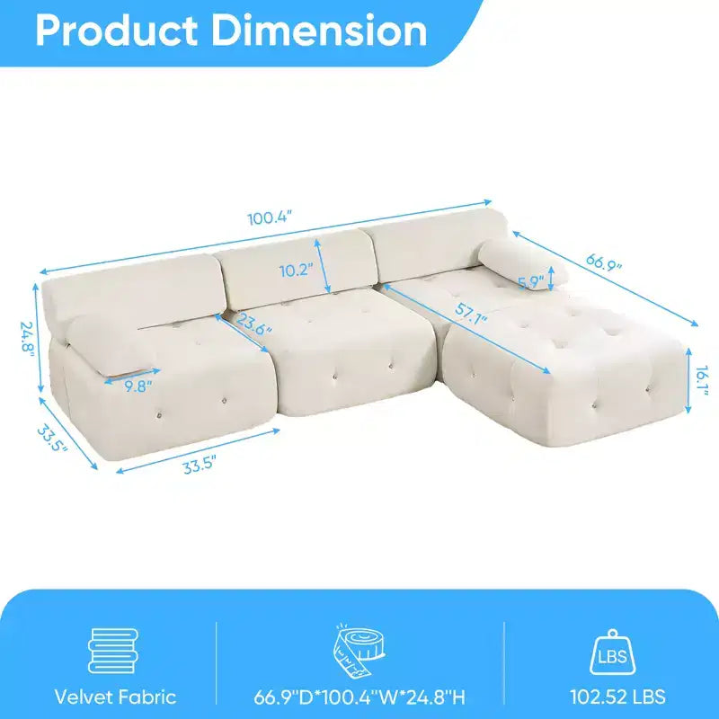L-Shaped Velvet 3-Seater Modular Sectional Sofa With Ottoman, Convertible Sofa Couches with Rivet Trim