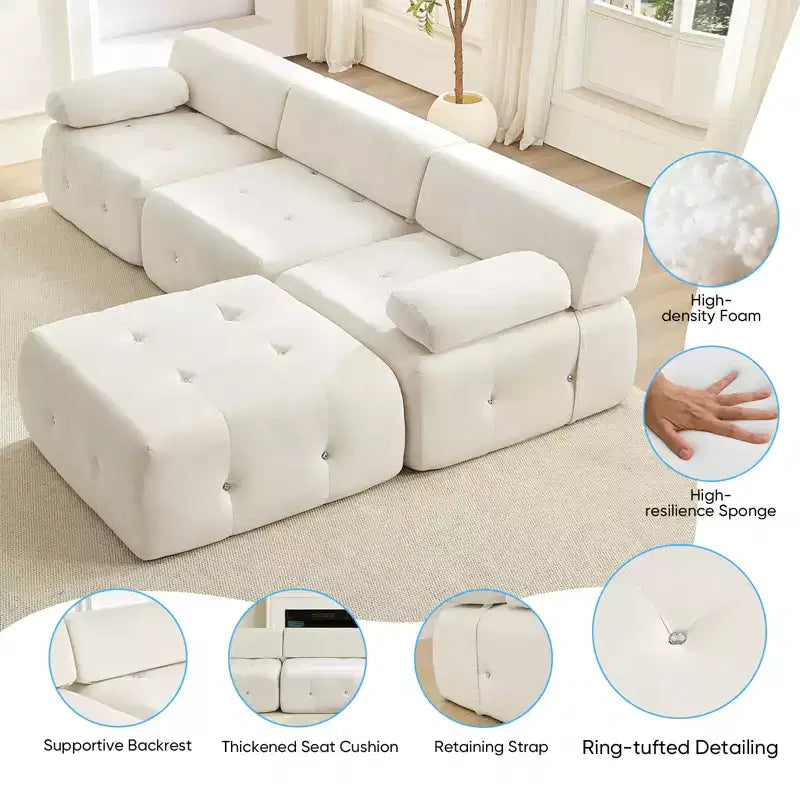L-Shaped Velvet 3-Seater Modular Sectional Sofa With Ottoman, Convertible Sofa Couches with Rivet Trim