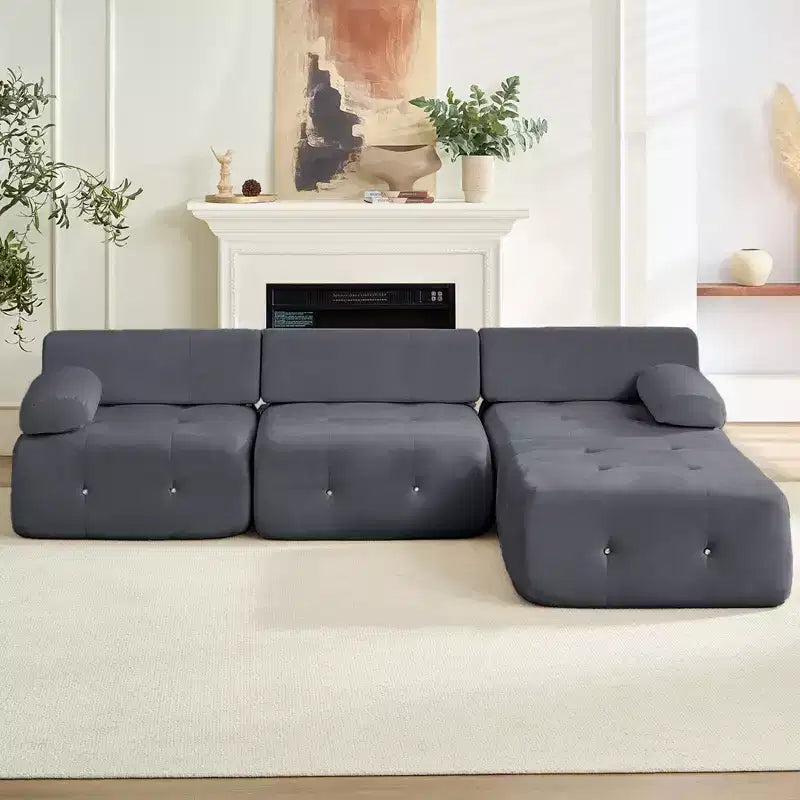 L-Shaped Velvet 3-Seater Modular Sectional Sofa With Ottoman, Convertible Sofa Couches with Rivet Trim