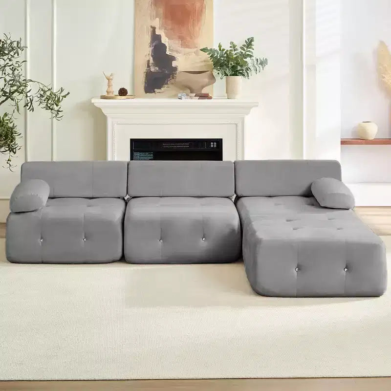 L-Shaped Velvet 3-Seater Modular Sectional Sofa With Ottoman, Convertible Sofa Couches with Rivet Trim
